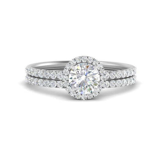 Halo Wedding Band Double Pave Moissanite Bridal Ring Set