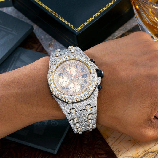 Moissanite Watch Premium Moissanite Bling Gold & Silver Chronograph