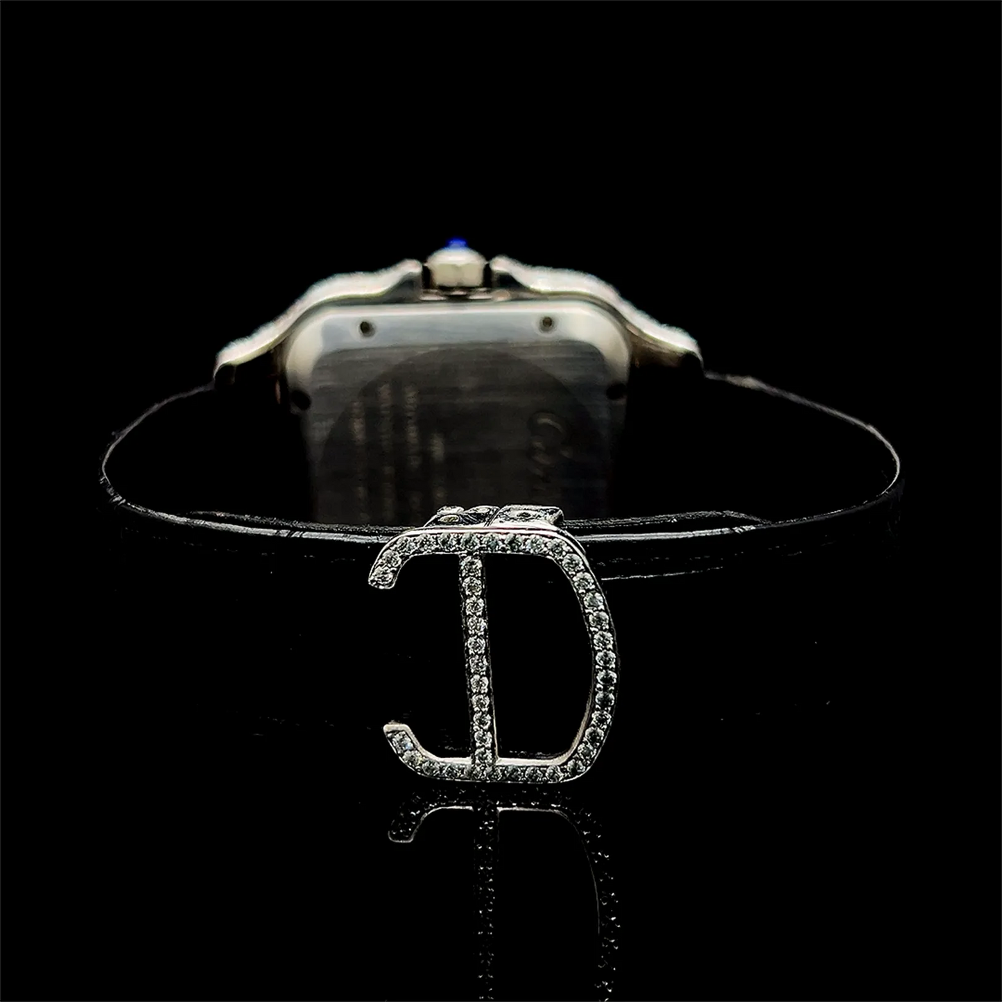 Moissanite Watch Iced Out Black Dial Square Leather Strap Luxury