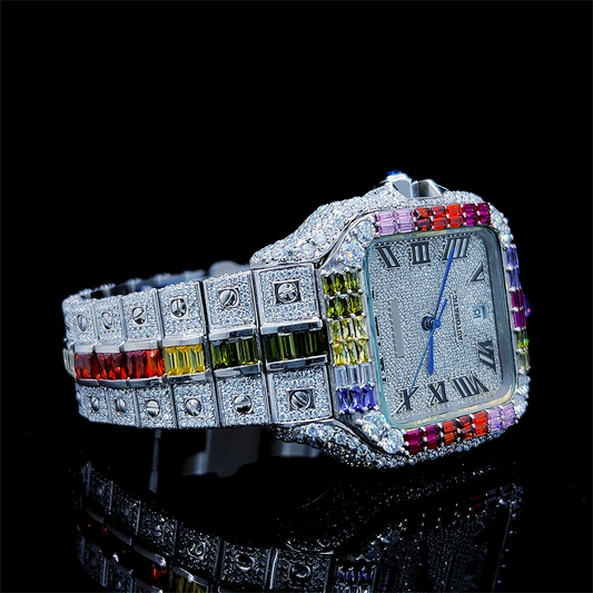 Moissanite Watch Iced Out Rainbow Square Roman Dial 25ct