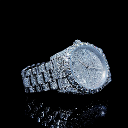 Moissanite Watch Iced Out Silver Day Date 25ct Luxury