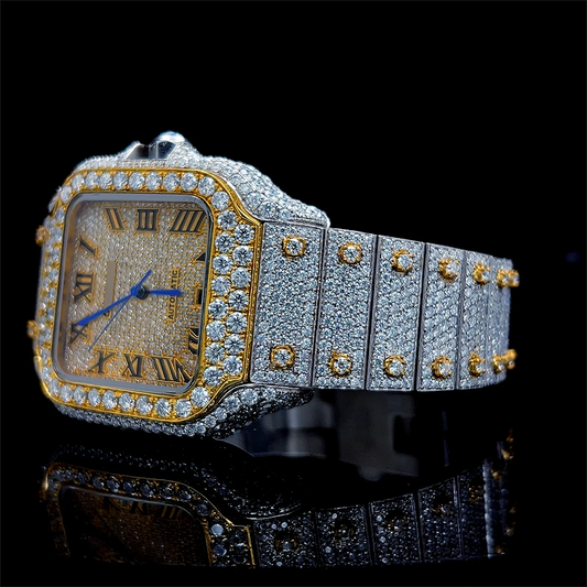 Moissanite Watch Iced Out Gold Silver Square Roman Dial