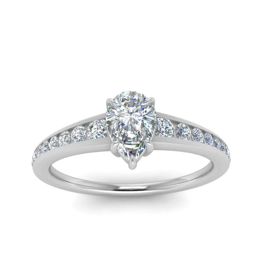 Pear Wedding Band Solitaire Pave Moissanite Ring for Her