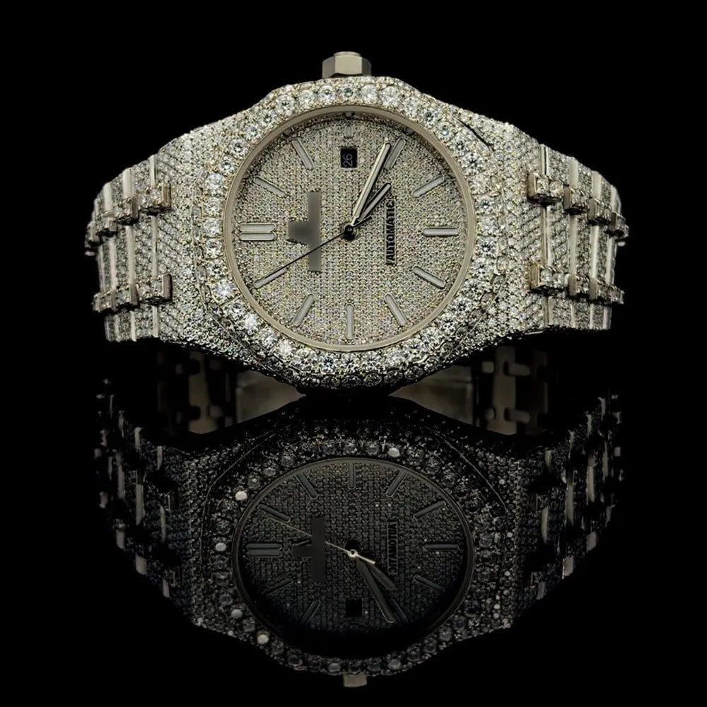 Moissanite Watch Iced Out Luxury Silver Automatic Timepiece