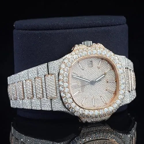 Moissanite Watch Iced Out Silver Rose Gold Automatic Diamond