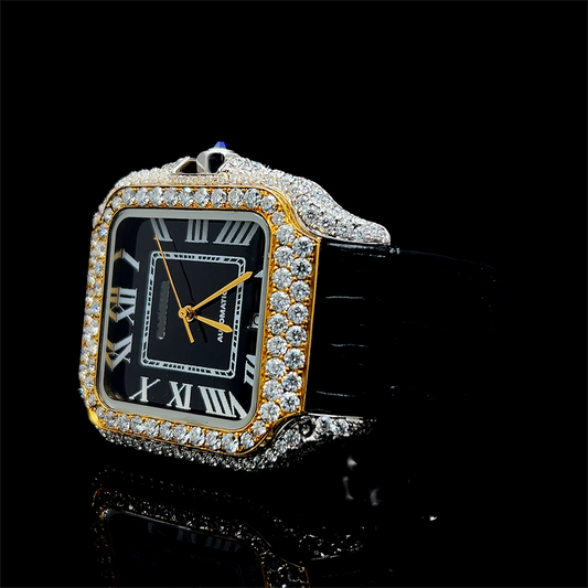 Moissanite Watch Iced Out Black Dial Square Leather Strap Luxury