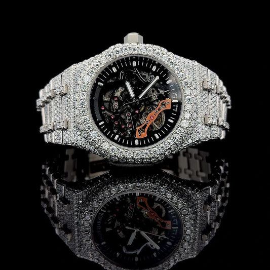 Iced out moissanite skeleton dial watch with luxury shine and premium craftsmanship.