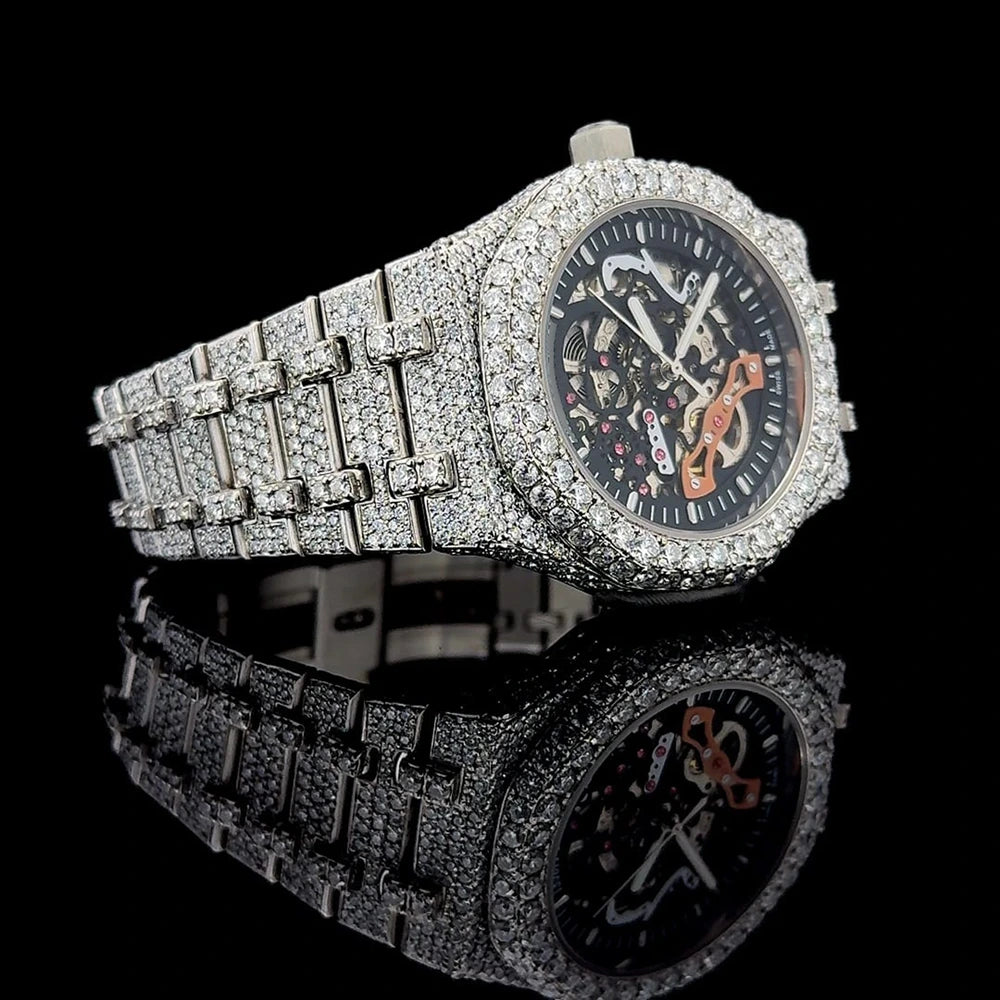Mens luxury moissanite automatic skeleton watch with full rhodium iced design