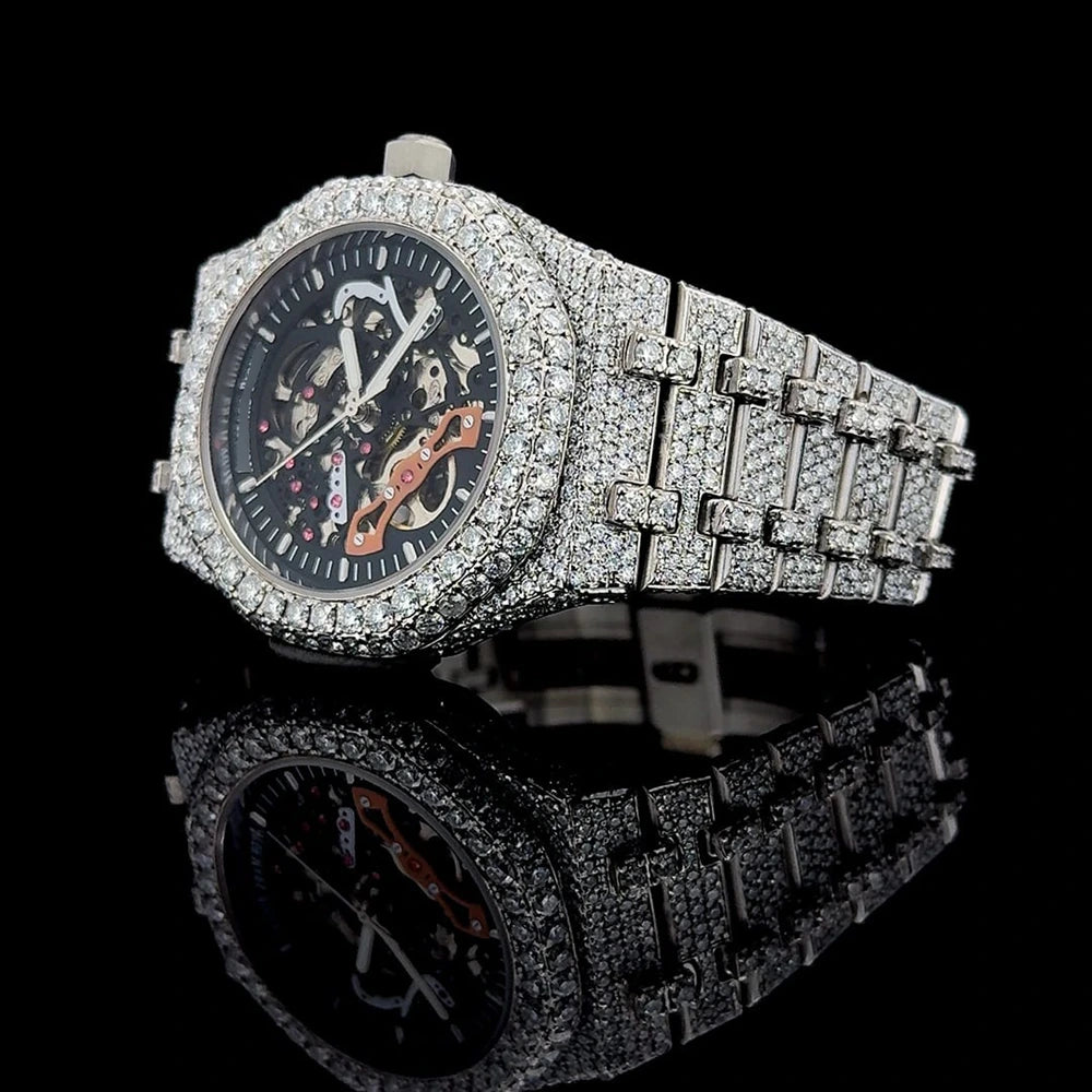 Rhodium moissanite automatic iced out skeleton watch with bright round cut stones