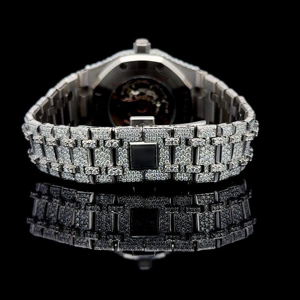 Moissanite rhodium iced bracelet skeleton watch with premium sparkle and shine
