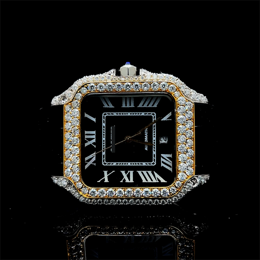 Moissanite Watch Iced Out Black Dial Square Leather Strap Luxury