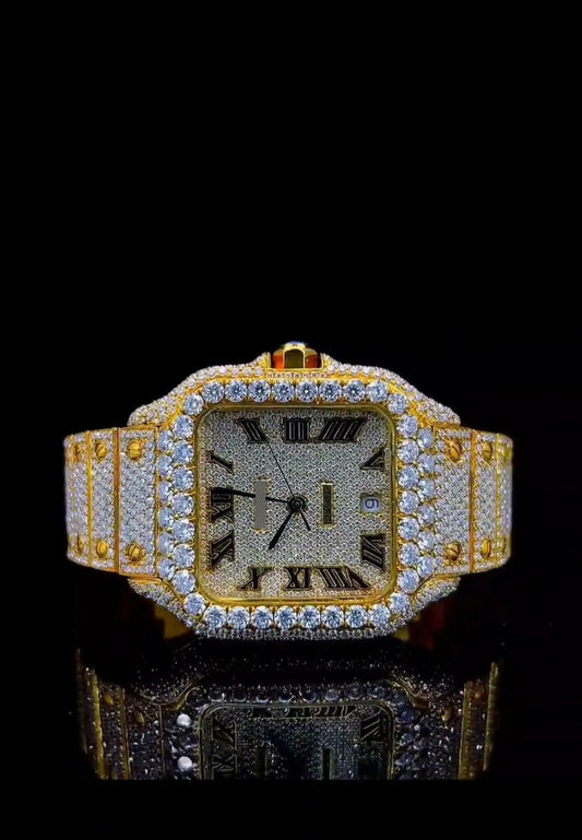 Moissanite Watch Iced Out Gold Square Roman Luxury Men 25ct