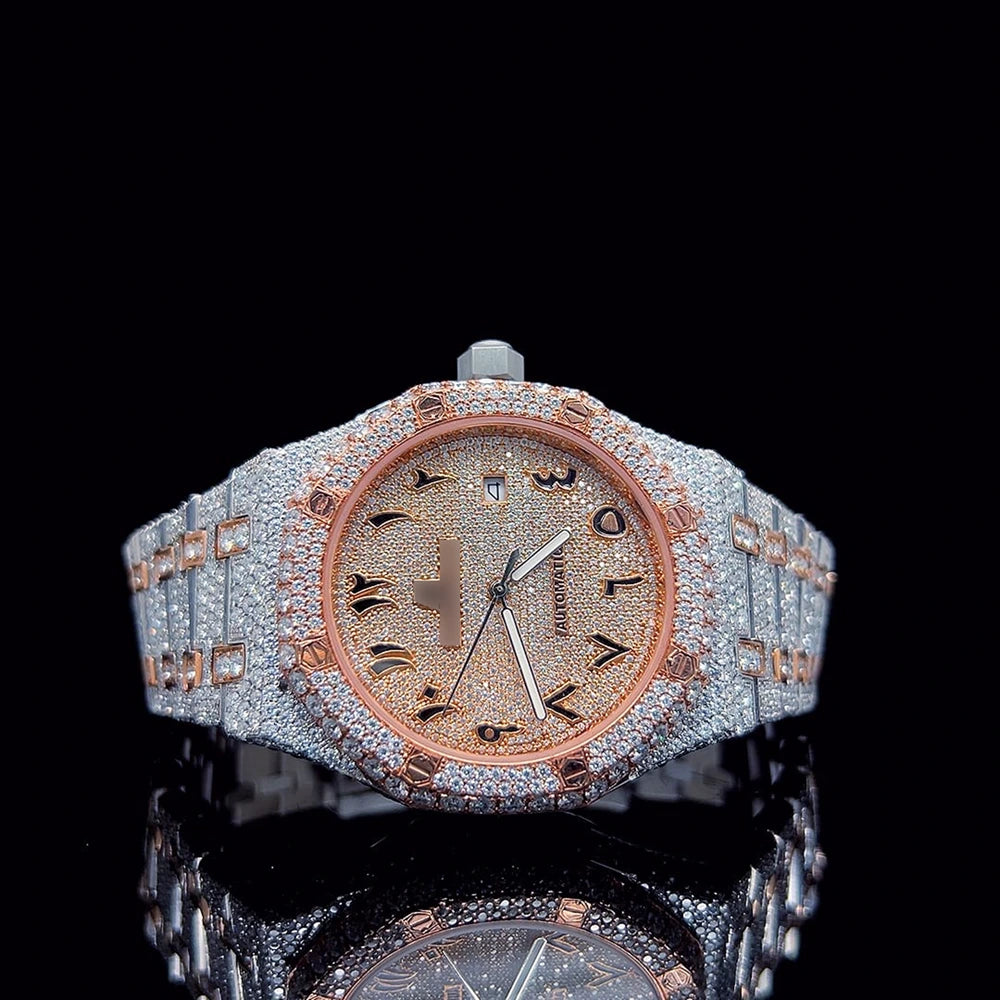 Rose Gold Moissanite Watch Fully Iced Out Luxury Timepiece
