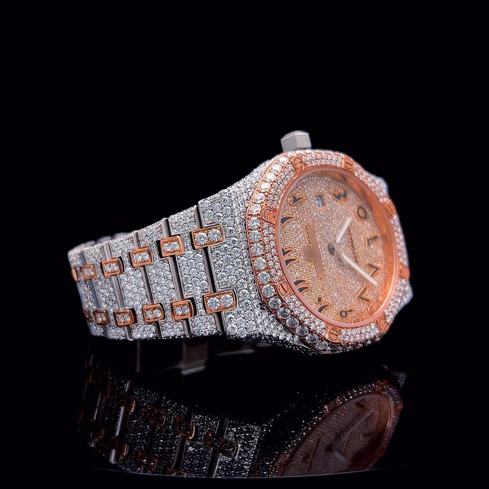 Rose Gold Moissanite Watch Fully Iced Out Luxury Timepiece