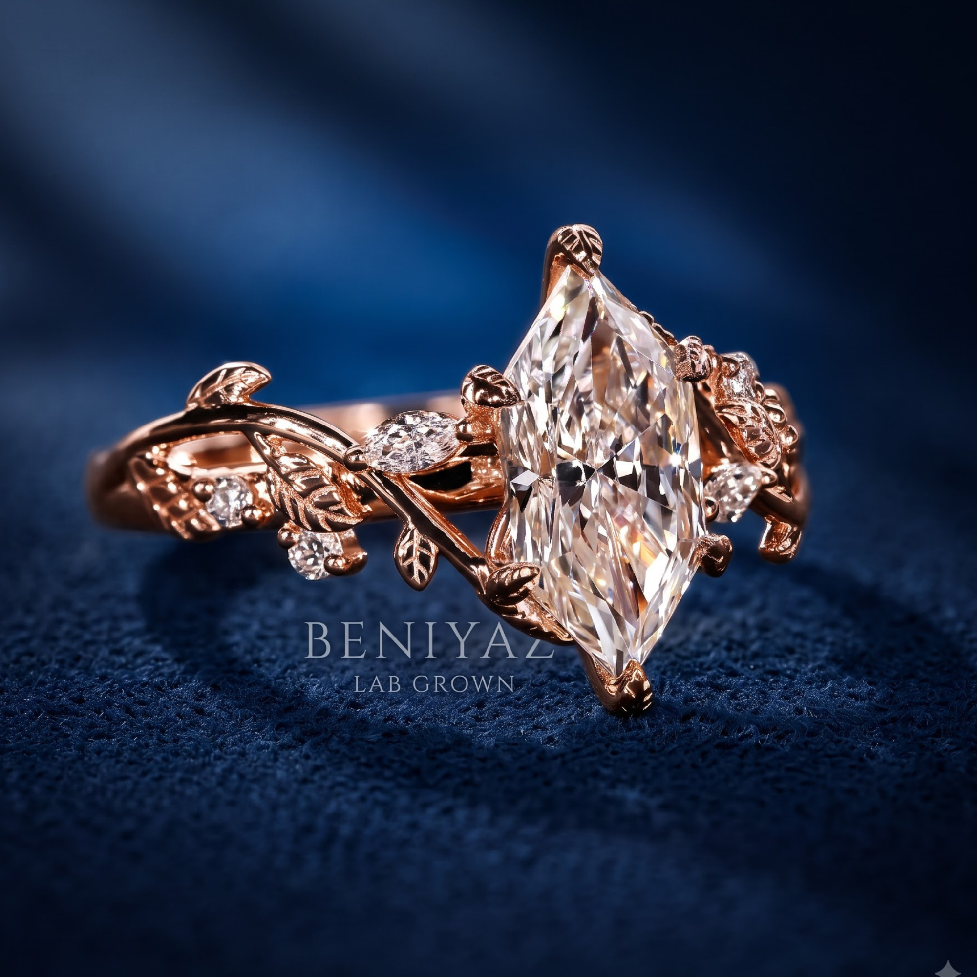 Lab grown diamond ring with a sleek minimalist design, featuring a polished rectangular signet-inspired face and fine jewelry craftsmanship, shown in a close-up detail view by Beniyaz Lab Grown.